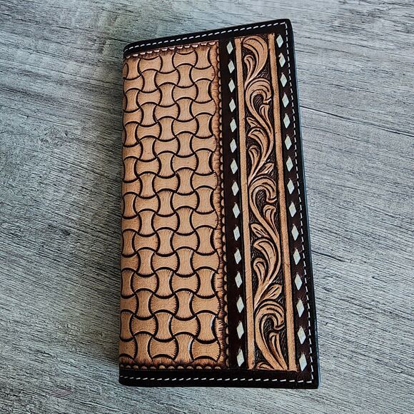 Country Western Floral Tooled Geometric Leather Rodeo Wallet Rawhide Buck Stitch - Picture 1 of 7